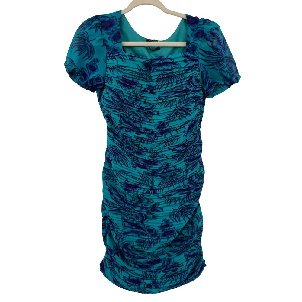 Tokyo Talkies Women's Turquoise Ruched Tropical Print Square Neck Mini Dress  M‎